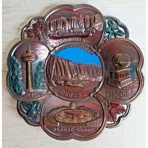 Vintage Copper Metal Trinket Tray Dish Souvenir Plaque Niagra Falls Canada Japan